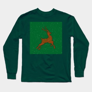 Red Flying Reindeer Mandala in the Green Sky Long Sleeve T-Shirt